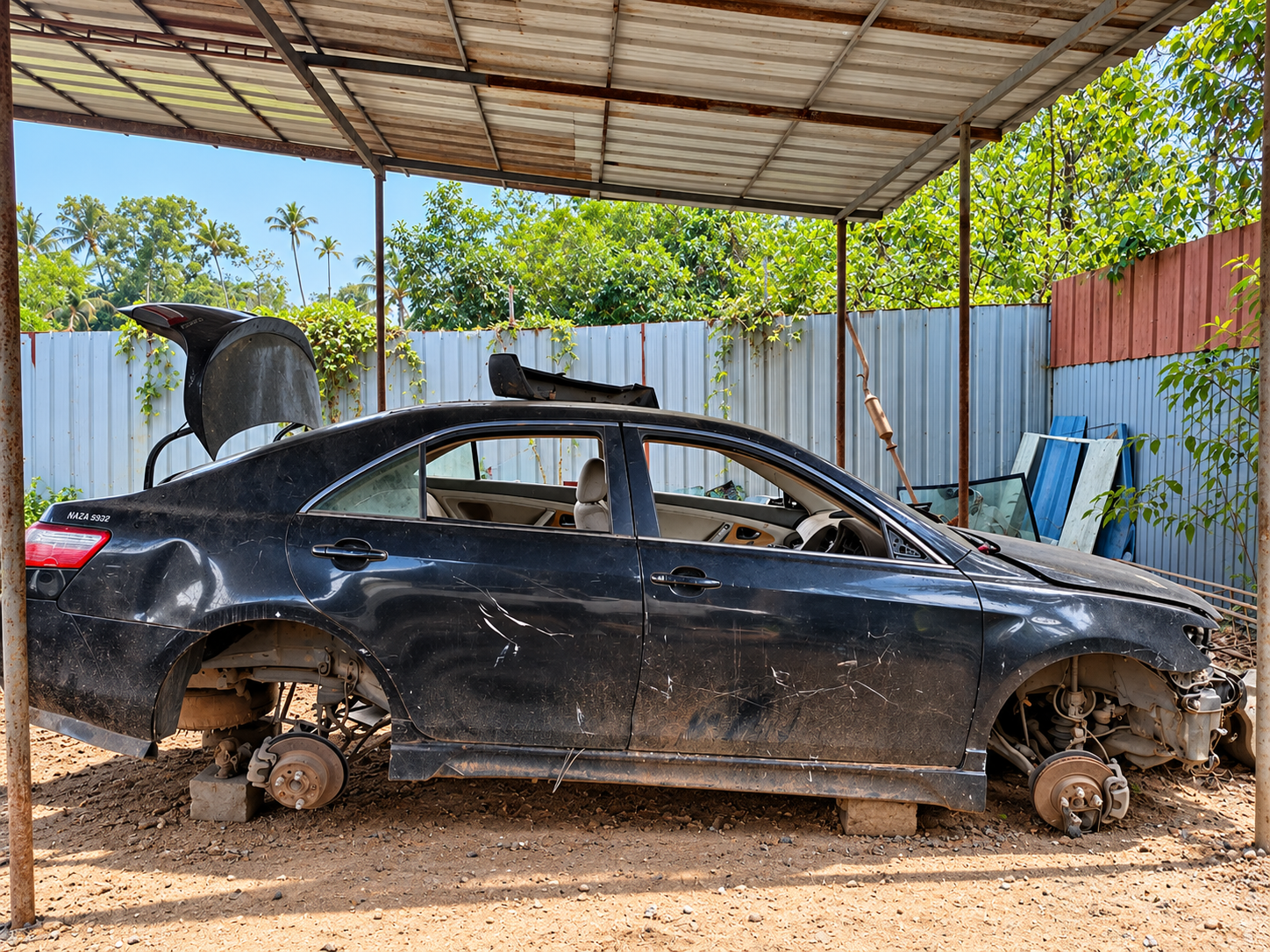 Dismantled sedan shell at Star Old Spare Parts salvage yard in Alappuzha